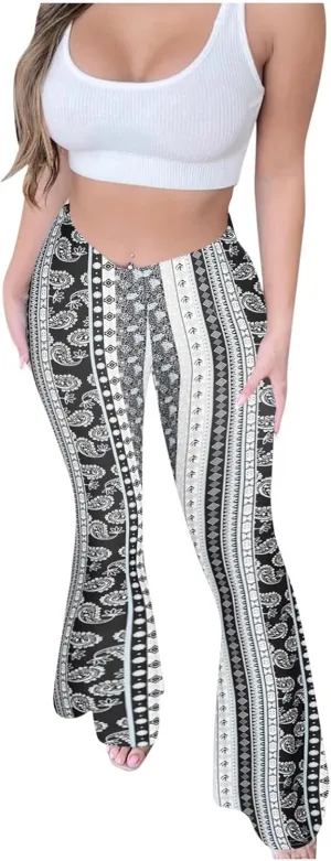Boho Leggings for Women Flare High Waisted Stretchy Bell Bottom Trousers Tummy Control Hippie Yoga Leggings