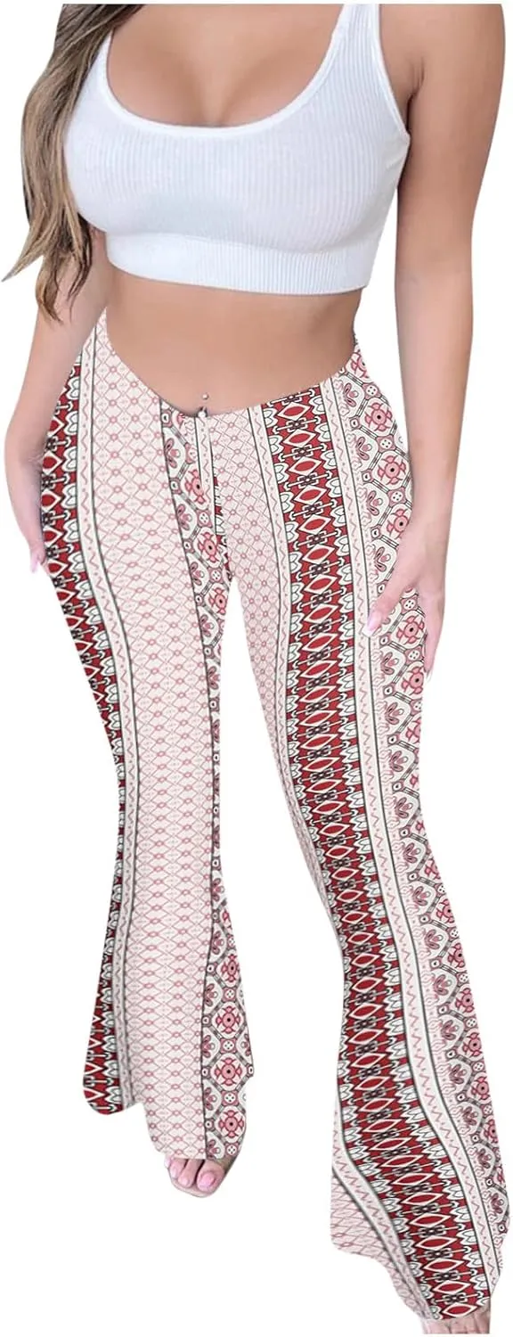 Boho Leggings for Women Flare High Waisted Stretchy Bell Bottom Trousers Tummy Control Hippie Yoga Leggings