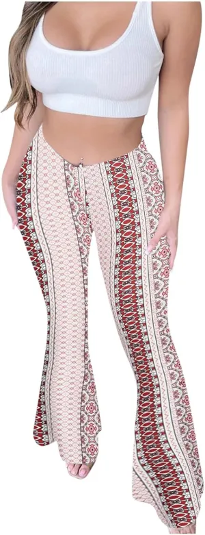Boho Leggings for Women Flare High Waisted Stretchy Bell Bottom Trousers Tummy Control Hippie Yoga Leggings