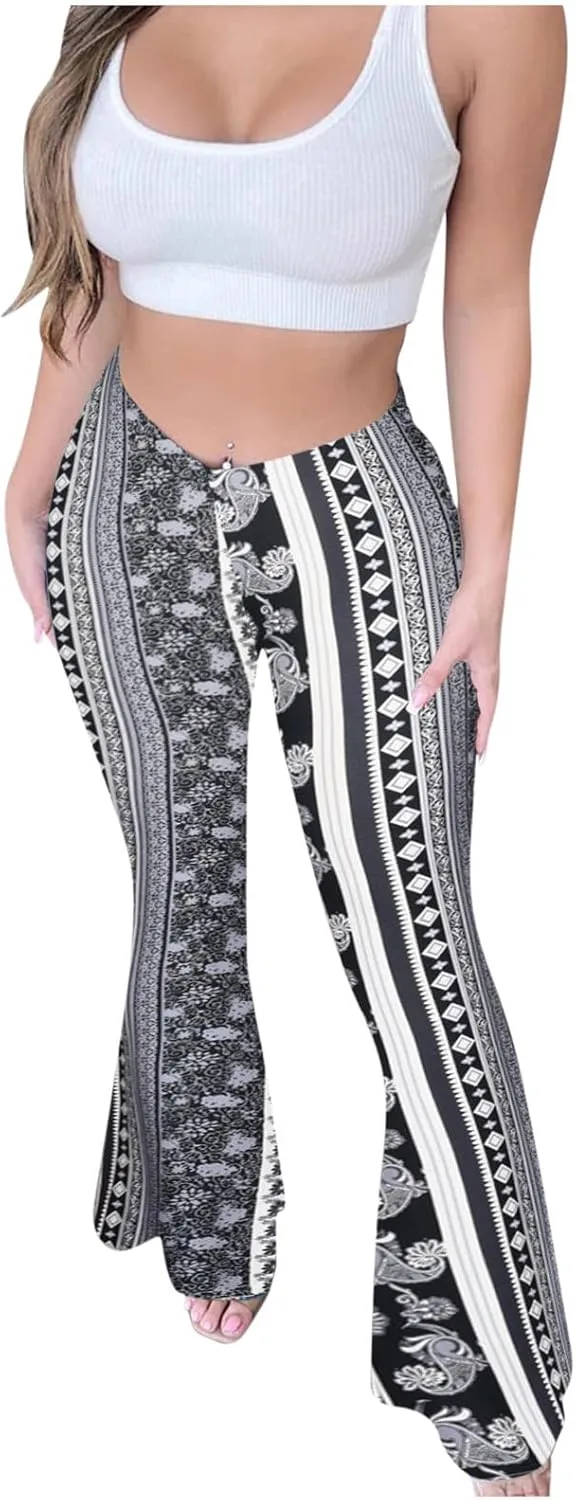 Boho Leggings for Women Flare High Waisted Stretchy Bell Bottom Trousers Tummy Control Hippie Yoga Leggings