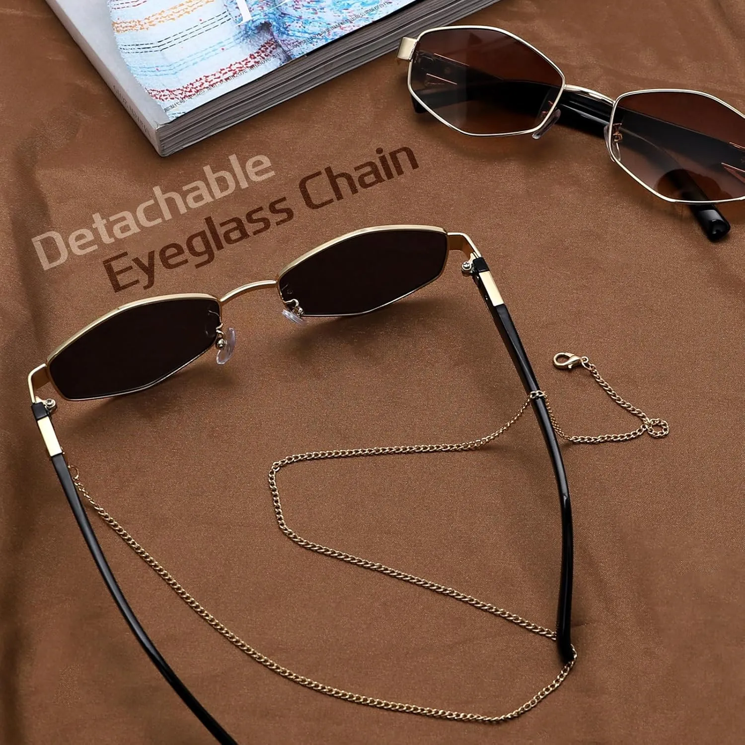 BOTEN Trendy Hexagon Sunglasses For Women Retro Designer Metal Classic Shades Sun Glasses with Chain