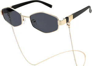 BOTEN Trendy Hexagon Sunglasses For Women Retro Designer Metal Classic Shades Sun Glasses with Chain
