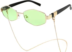 BOTEN Trendy Hexagon Sunglasses For Women Retro Designer Metal Classic Shades Sun Glasses with Chain