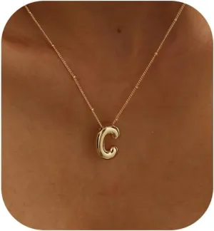Bubble Gold Letter Necklace for Women, 14k Gold Plated Balloon Initial Letter Pendant Necklace Dainty Charm Initial Necklaces for Women Trendy Chunky Custom Name Necklace Gold Jewelry for Womens