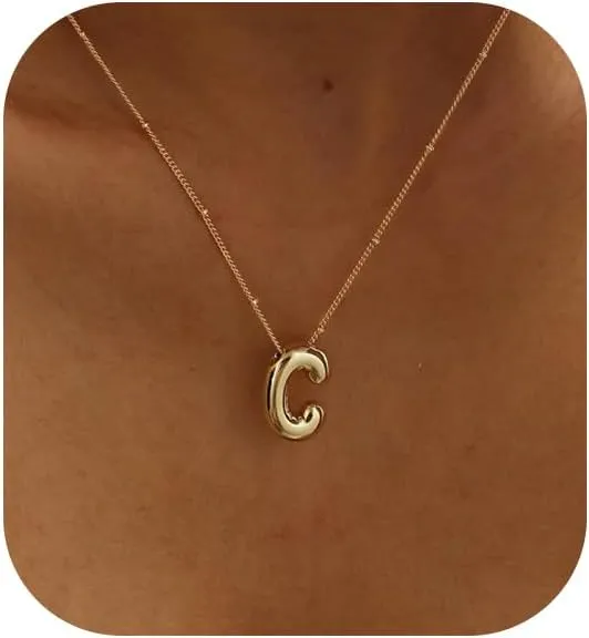 Bubble Gold Letter Necklace for Women, 14k Gold Plated Balloon Initial Letter Pendant Necklace Dainty Charm Initial Necklaces for Women Trendy Chunky Custom Name Necklace Gold Jewelry for Womens