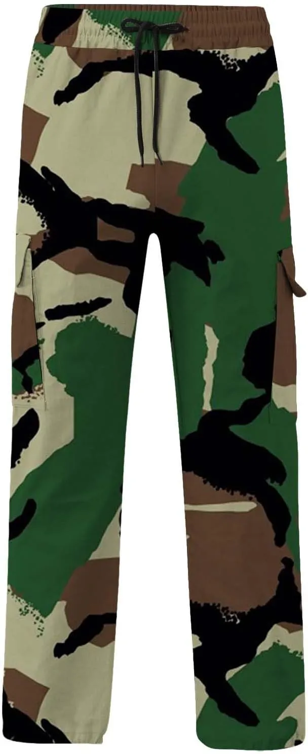 Cargo Pants for Men Camo Print Thin Hiking Pants Elastic Waist Drawstring Work Pants Multi Pockets Fit Tactical Pants