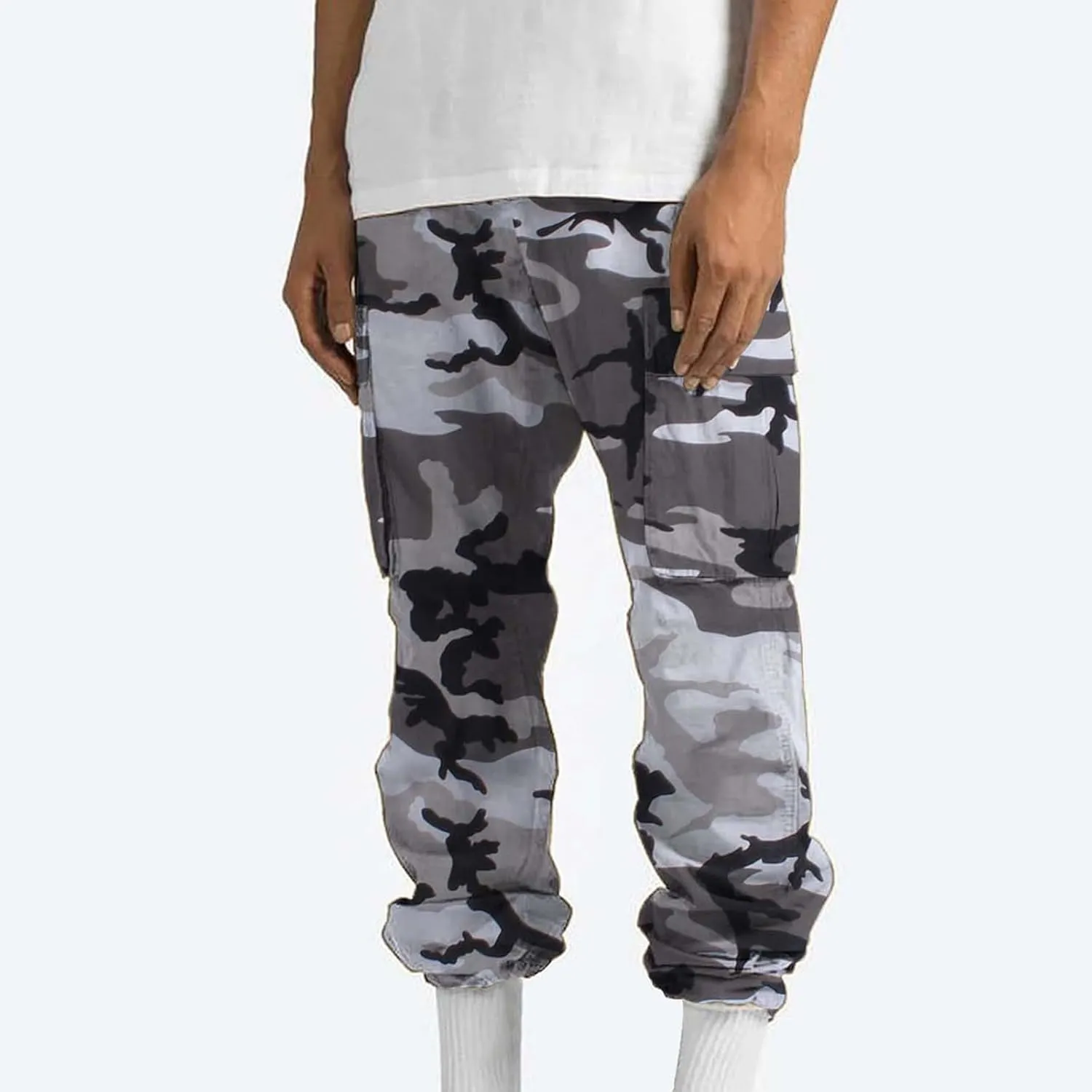 Cargo Pants for Men Camo Print Thin Hiking Pants Elastic Waist Drawstring Work Pants Multi Pockets Fit Tactical Pants