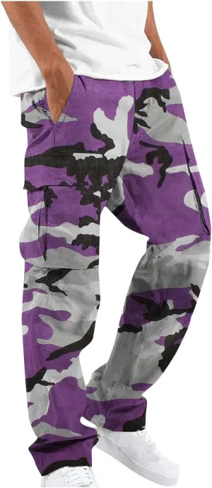 Cargo Pants for Men Camo Print Thin Hiking Pants Elastic Waist Drawstring Work Pants Multi Pockets Fit Tactical Pants