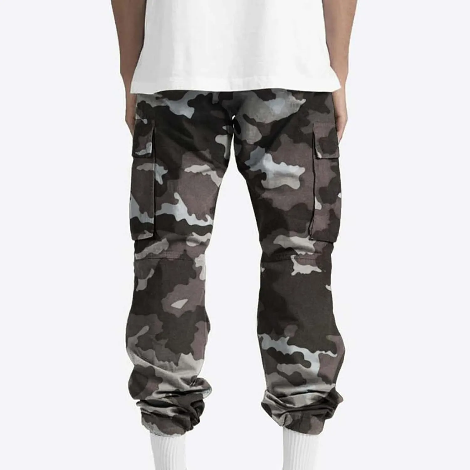 Cargo Pants for Men Camo Print Thin Hiking Pants Elastic Waist Drawstring Work Pants Multi Pockets Fit Tactical Pants