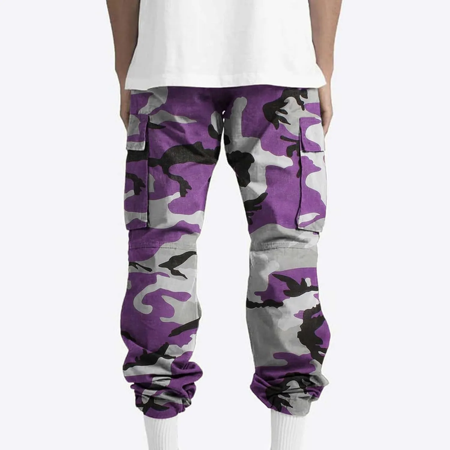 Cargo Pants for Men Camo Print Thin Hiking Pants Elastic Waist Drawstring Work Pants Multi Pockets Fit Tactical Pants