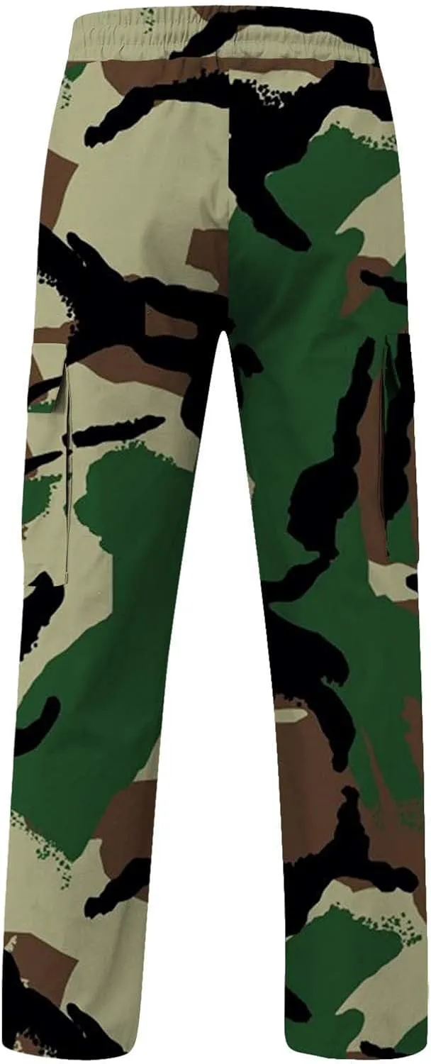 Cargo Pants for Men Camo Print Thin Hiking Pants Elastic Waist Drawstring Work Pants Multi Pockets Fit Tactical Pants
