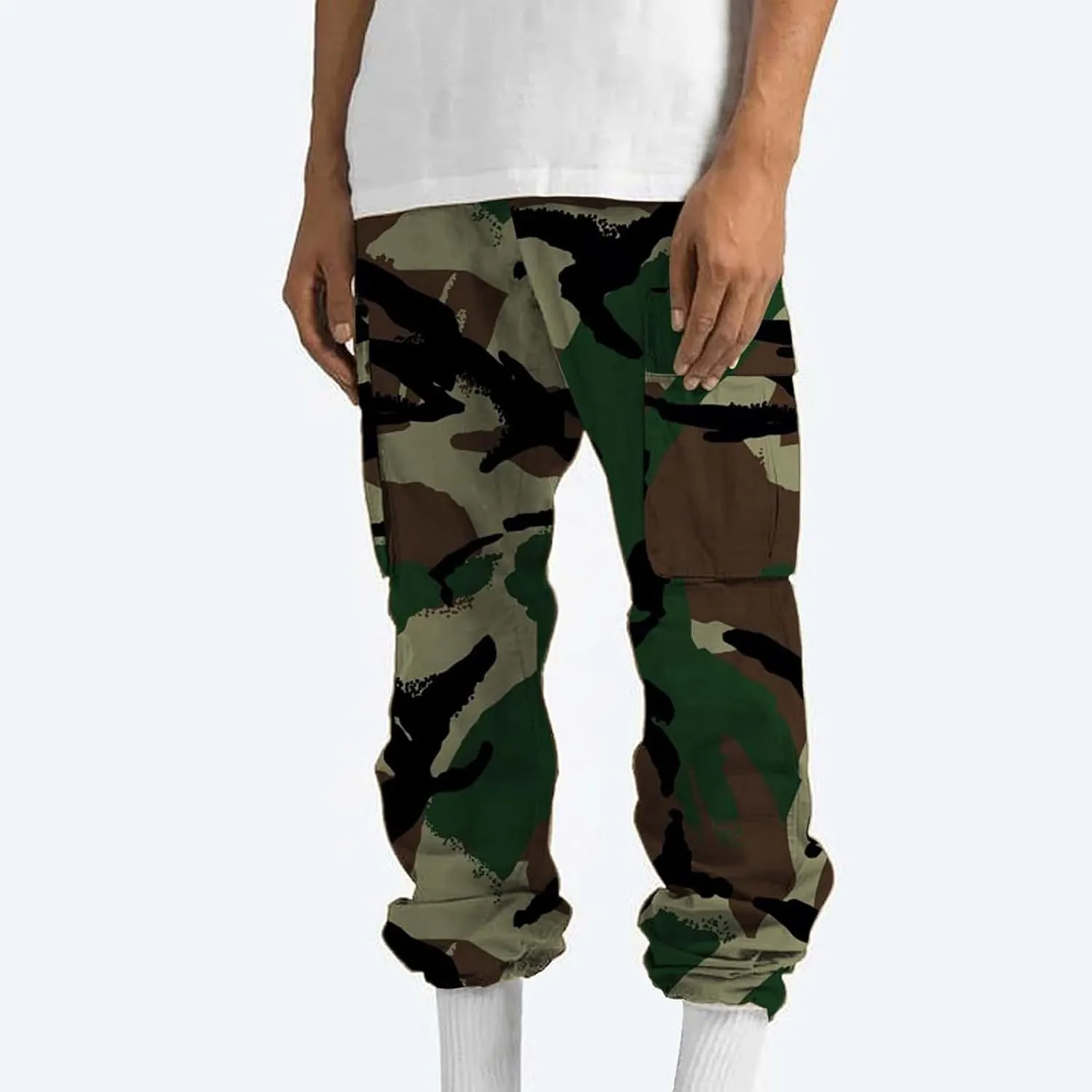 Cargo Pants for Men Camo Print Thin Hiking Pants Elastic Waist Drawstring Work Pants Multi Pockets Fit Tactical Pants