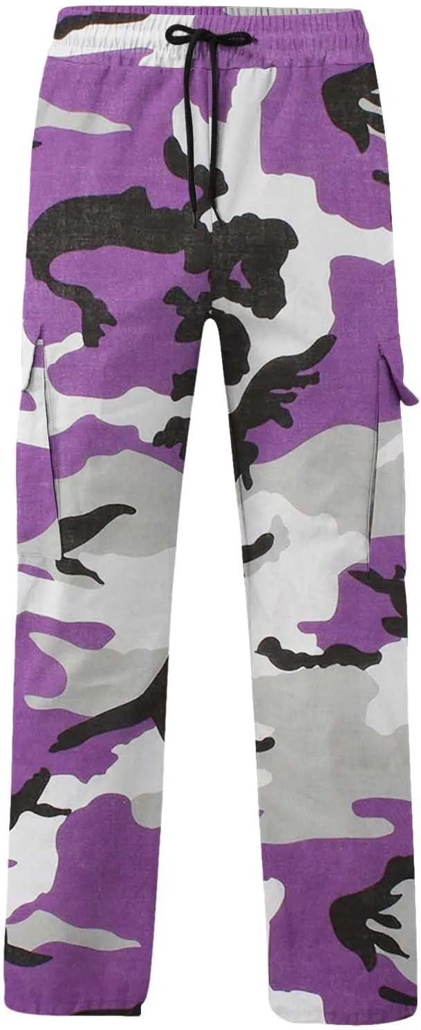 Cargo Pants for Men Camo Print Thin Hiking Pants Elastic Waist Drawstring Work Pants Multi Pockets Fit Tactical Pants