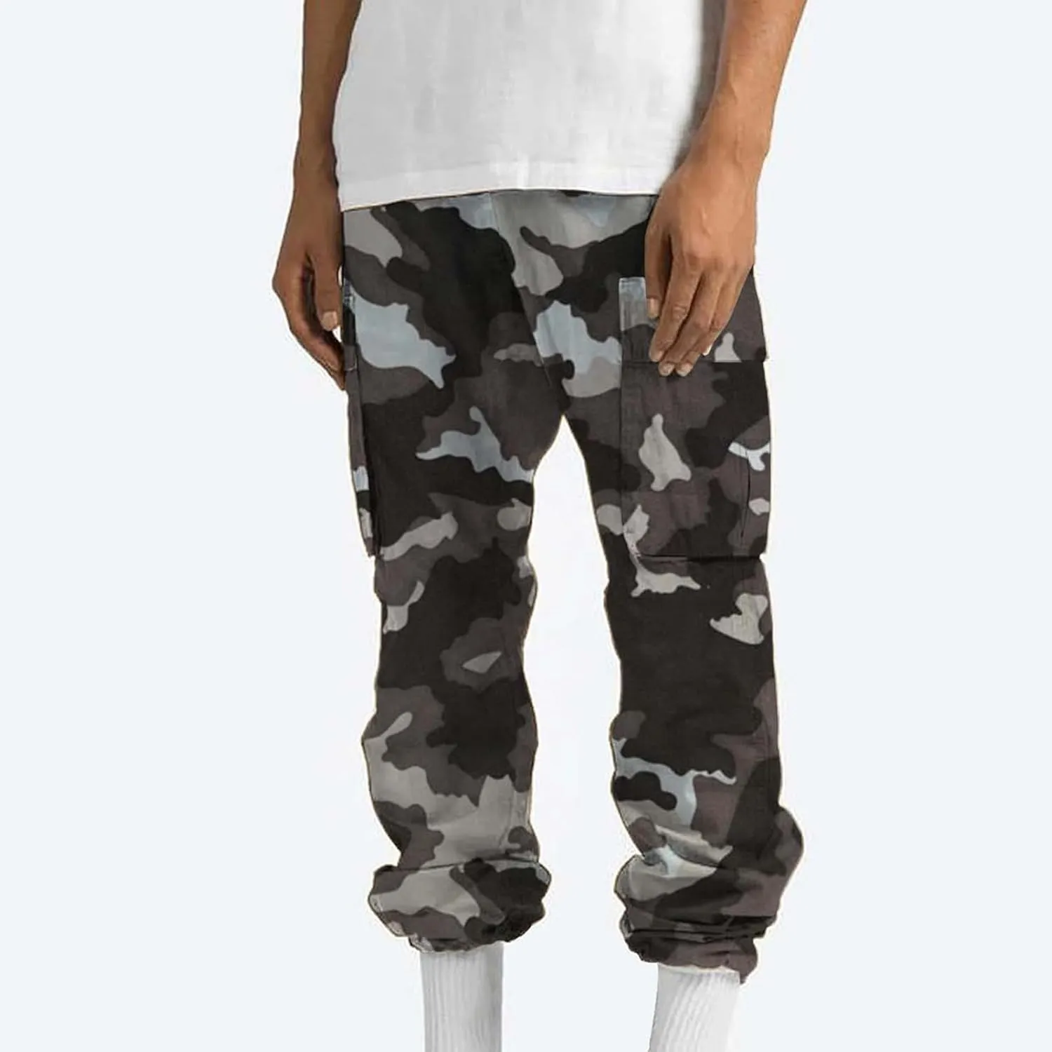 Cargo Pants for Men Camo Print Thin Hiking Pants Elastic Waist Drawstring Work Pants Multi Pockets Fit Tactical Pants