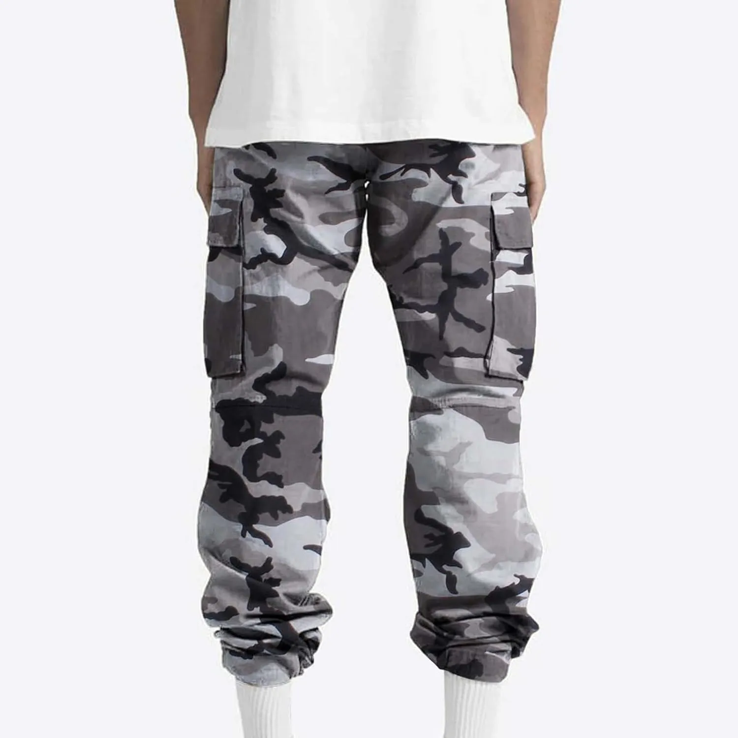 Cargo Pants for Men Camo Print Thin Hiking Pants Elastic Waist Drawstring Work Pants Multi Pockets Fit Tactical Pants