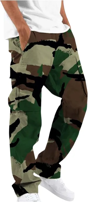 Cargo Pants for Men Camo Print Thin Hiking Pants Elastic Waist Drawstring Work Pants Multi Pockets Fit Tactical Pants