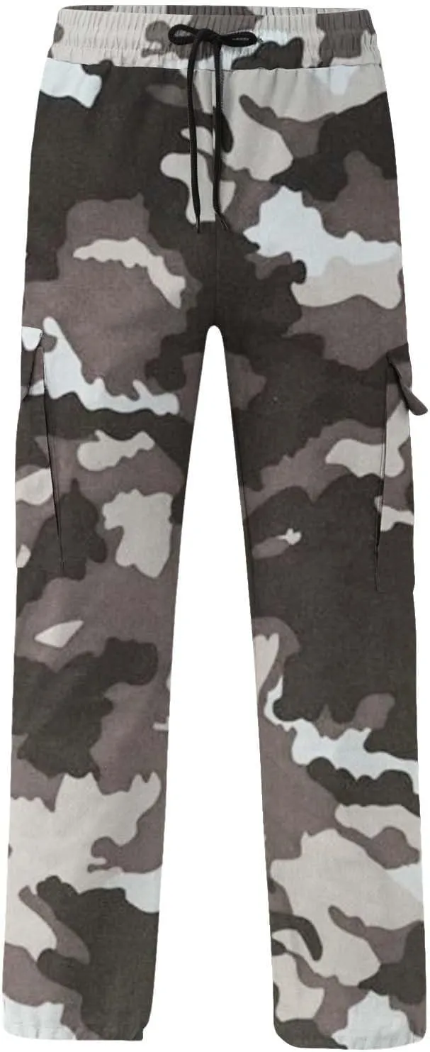 Cargo Pants for Men Camo Print Thin Hiking Pants Elastic Waist Drawstring Work Pants Multi Pockets Fit Tactical Pants