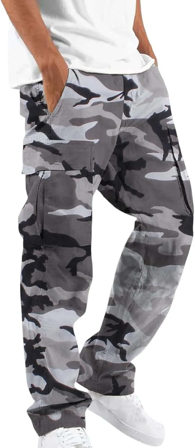Cargo Pants for Men Camo Print Thin Hiking Pants Elastic Waist Drawstring Work Pants Multi Pockets Fit Tactical Pants