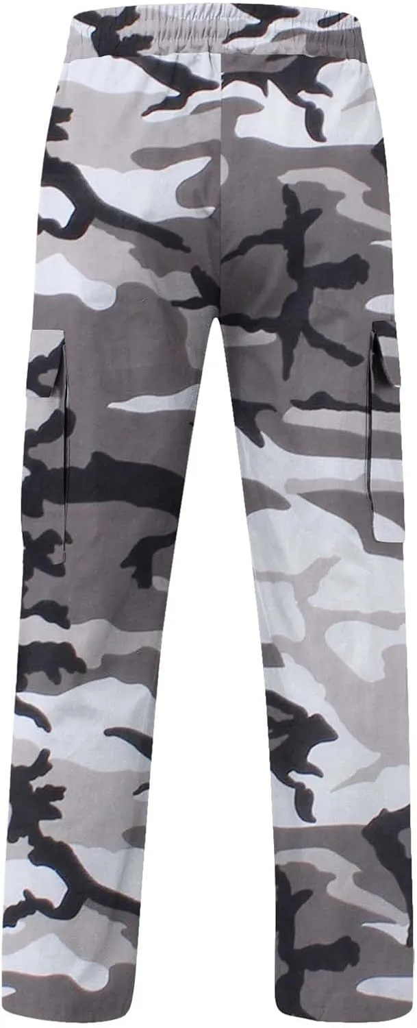 Cargo Pants for Men Camo Print Thin Hiking Pants Elastic Waist Drawstring Work Pants Multi Pockets Fit Tactical Pants