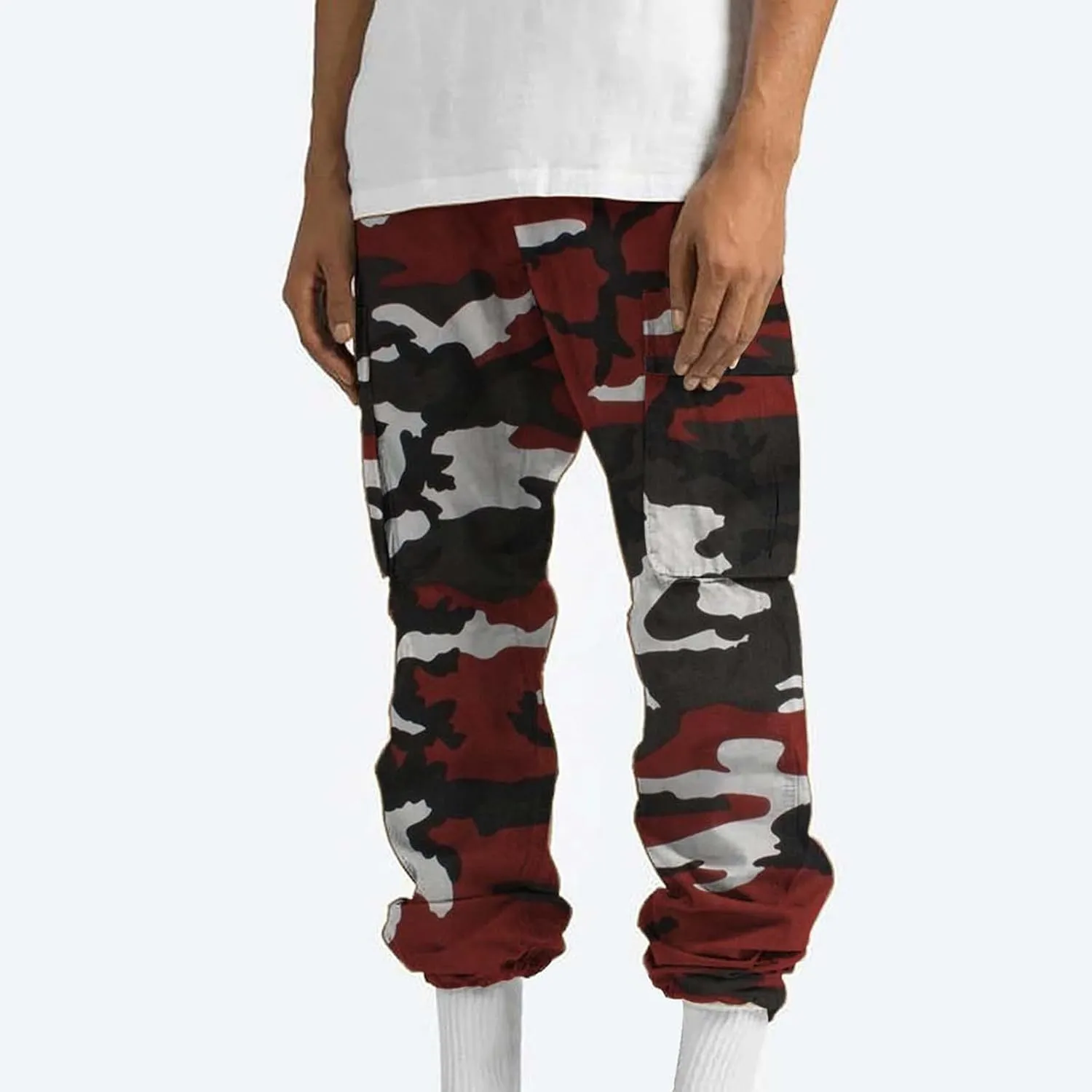 Cargo Pants for Men Camo Print Thin Hiking Pants Elastic Waist Drawstring Work Pants Multi Pockets Fit Tactical Pants
