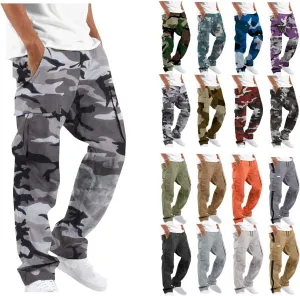 Cargo Pants for Men Camo Print Thin Hiking Pants Elastic Waist Drawstring Work Pants Multi Pockets Fit Tactical Pants