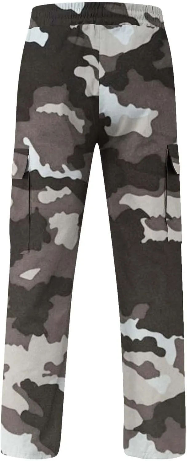 Cargo Pants for Men Camo Print Thin Hiking Pants Elastic Waist Drawstring Work Pants Multi Pockets Fit Tactical Pants