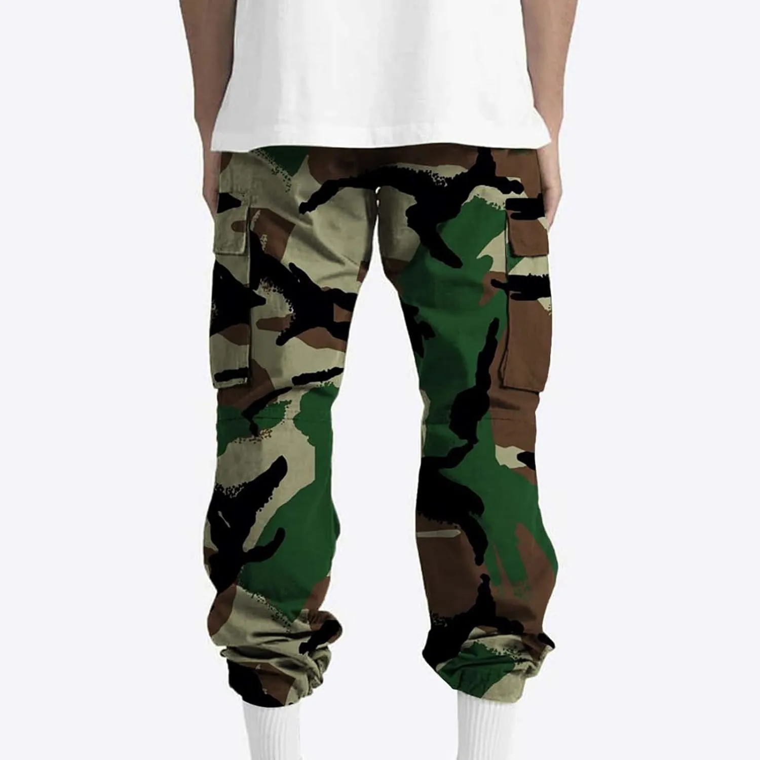 Cargo Pants for Men Camo Print Thin Hiking Pants Elastic Waist Drawstring Work Pants Multi Pockets Fit Tactical Pants