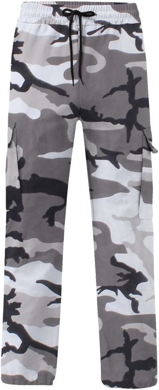 Cargo Pants for Men Camo Print Thin Hiking Pants Elastic Waist Drawstring Work Pants Multi Pockets Fit Tactical Pants