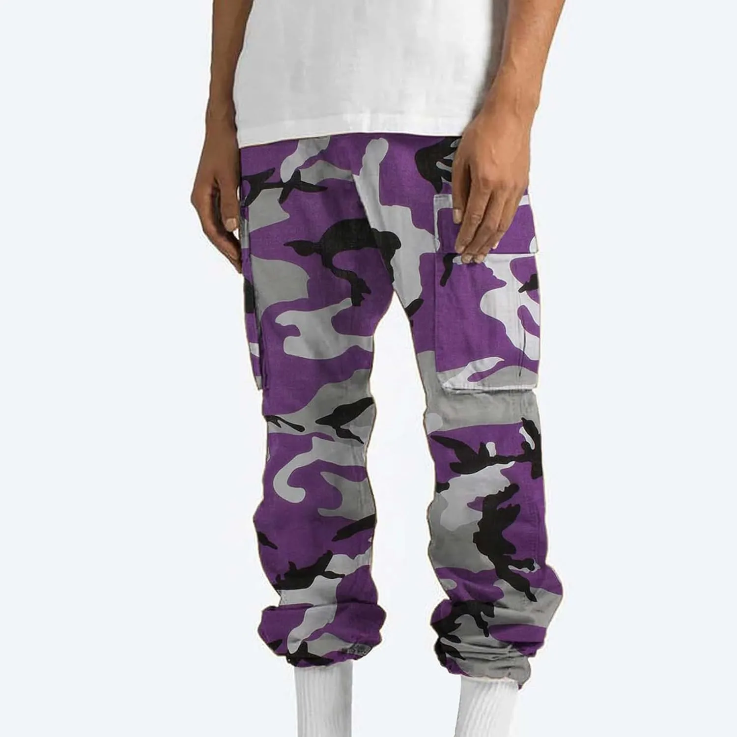 Cargo Pants for Men Camo Print Thin Hiking Pants Elastic Waist Drawstring Work Pants Multi Pockets Fit Tactical Pants