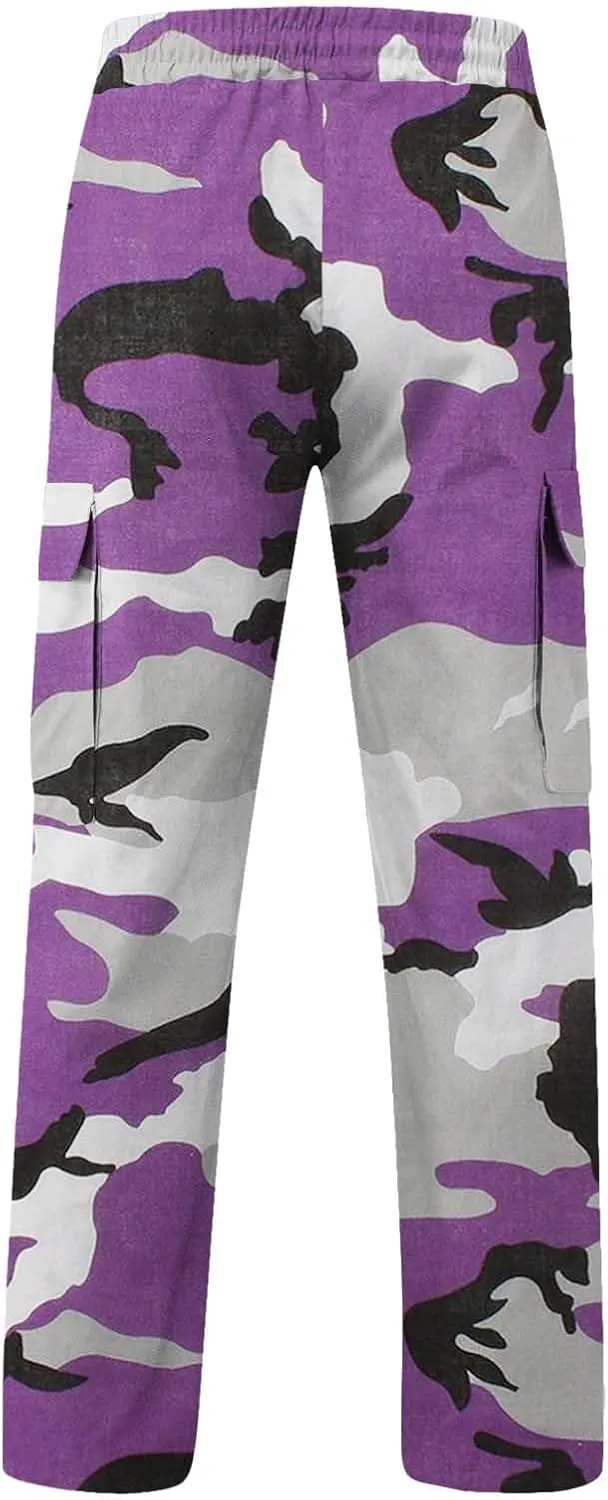 Cargo Pants for Men Camo Print Thin Hiking Pants Elastic Waist Drawstring Work Pants Multi Pockets Fit Tactical Pants
