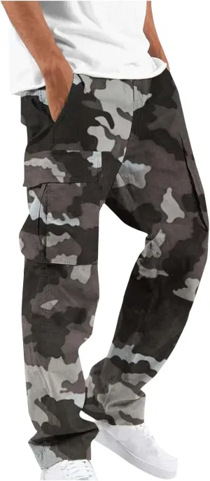 Cargo Pants for Men Camo Print Thin Hiking Pants Elastic Waist Drawstring Work Pants Multi Pockets Fit Tactical Pants