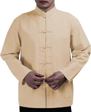 Cotton Linen Kung Fu Shirts for Men Mandarin Collar Frog-Button Long Sleeve Tang Suit Casual Chinese Traditional Tops