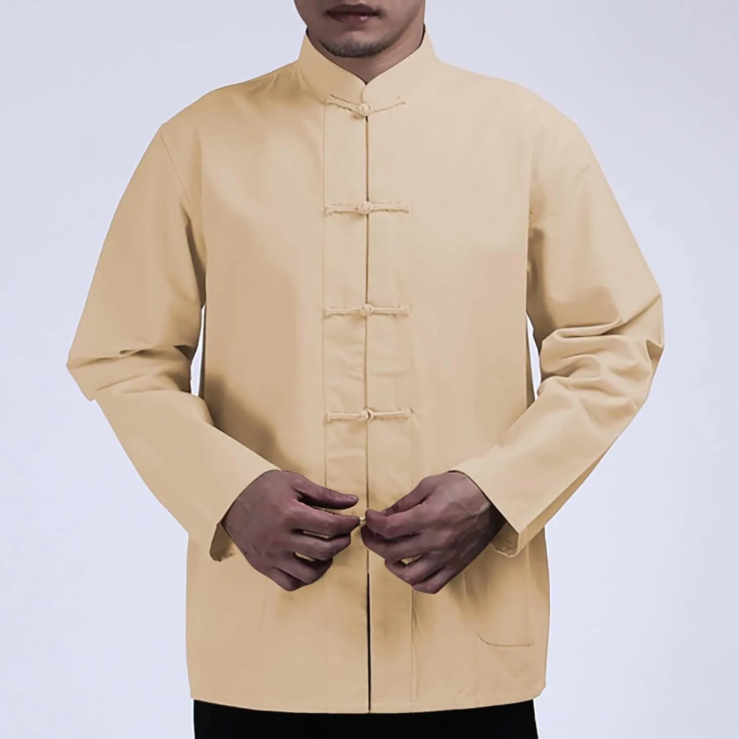 Cotton Linen Kung Fu Shirts for Men Mandarin Collar Frog-Button Long Sleeve Tang Suit Casual Chinese Traditional Tops