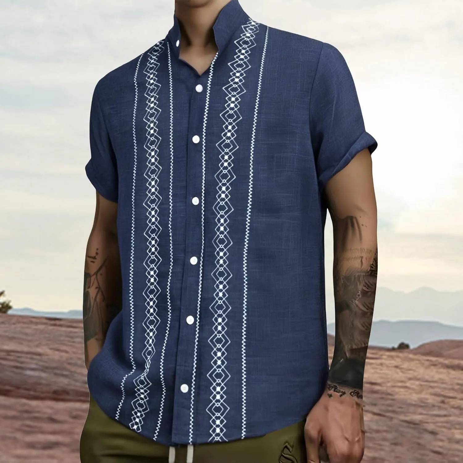 CRNTCEM Mens Button Down Boho Beach Shirts Cotton Linen Tropical Holiday Shirts Short Sleeve Floral Striped Casual Shirt