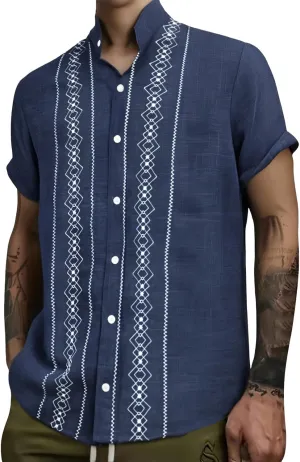 CRNTCEM Mens Button Down Boho Beach Shirts Cotton Linen Tropical Holiday Shirts Short Sleeve Floral Striped Casual Shirt