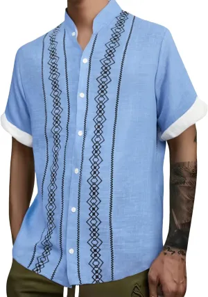 CRNTCEM Mens Button Down Boho Beach Shirts Cotton Linen Tropical Holiday Shirts Short Sleeve Floral Striped Casual Shirt
