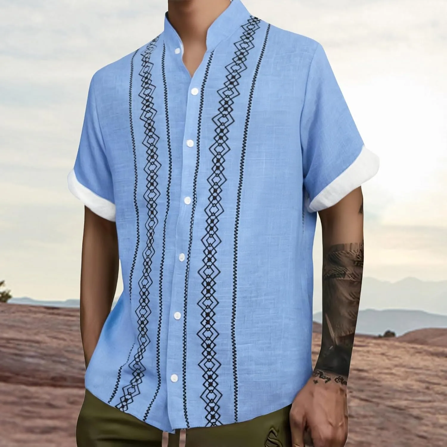 CRNTCEM Mens Button Down Boho Beach Shirts Cotton Linen Tropical Holiday Shirts Short Sleeve Floral Striped Casual Shirt