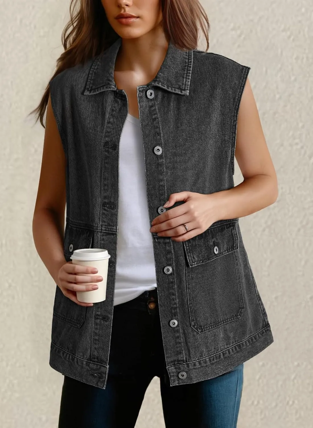Dokotoo Womens Fashion 2025 Casual Denim Vest Oversized Mid Long Jean Vest Sleeveless Jean Jacket Shacket with Pockets