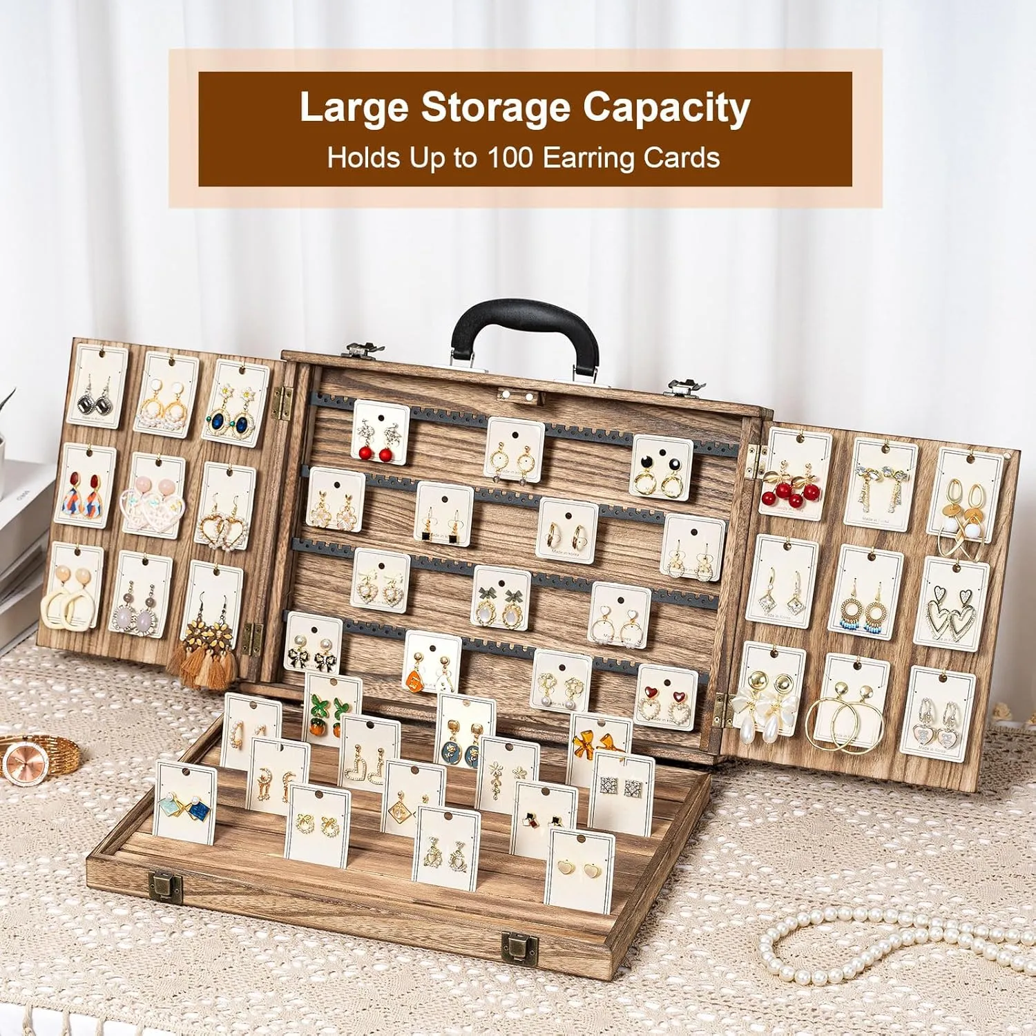 Earring Display for Selling, Portable Wood Jewelry Display Case, Large Capacity Jewelry Display for Selling, Earring Card Holder Organizer with Lock for Earrings, Bracelets, Necklaces