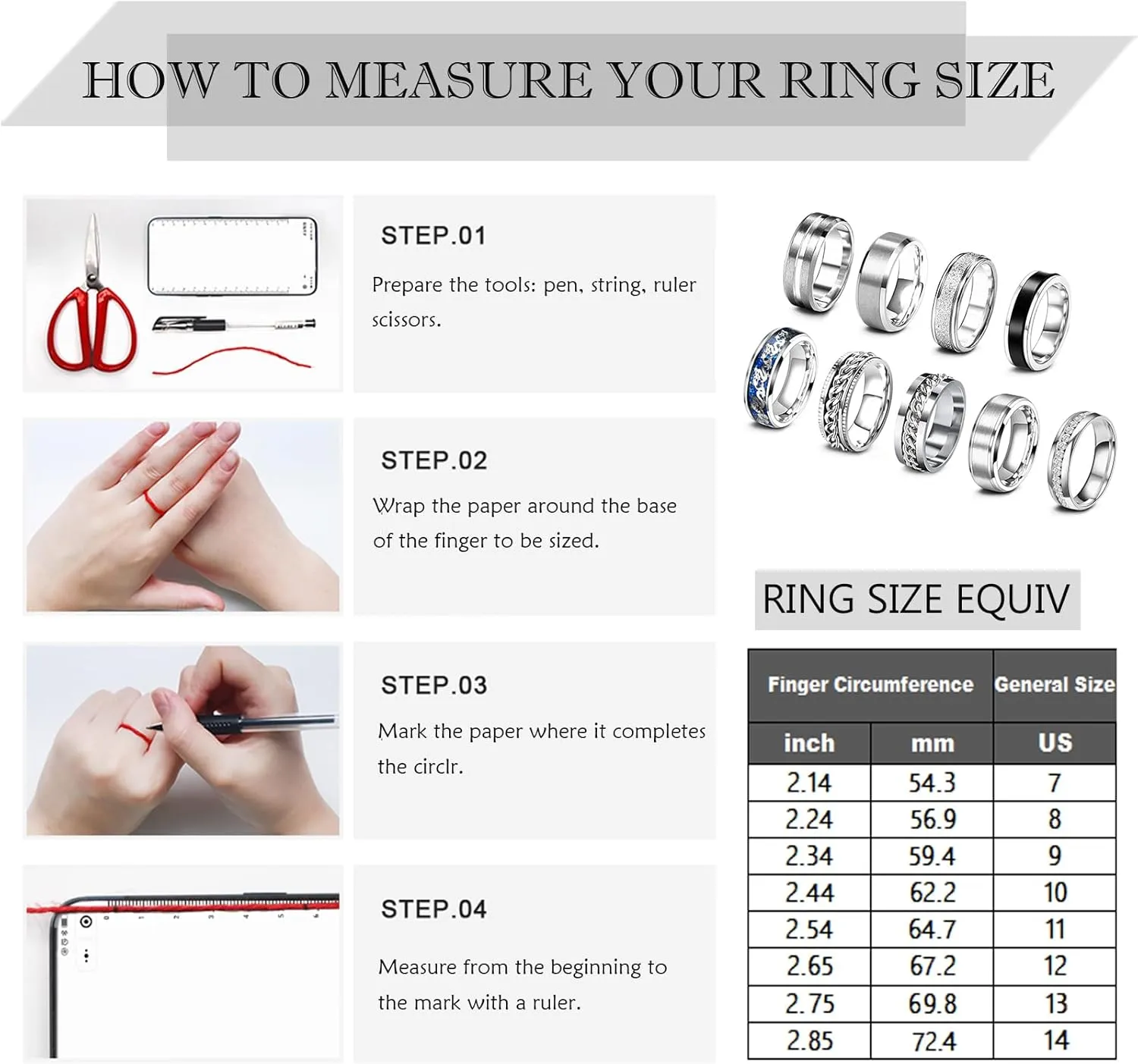 EIELO 9Pcs Stainless Steel Band Rings for Men Women Cool Fidget Spinning Chain Ring Anxiety Relief Fashion Simple Wedding Engagement Black Ring Set