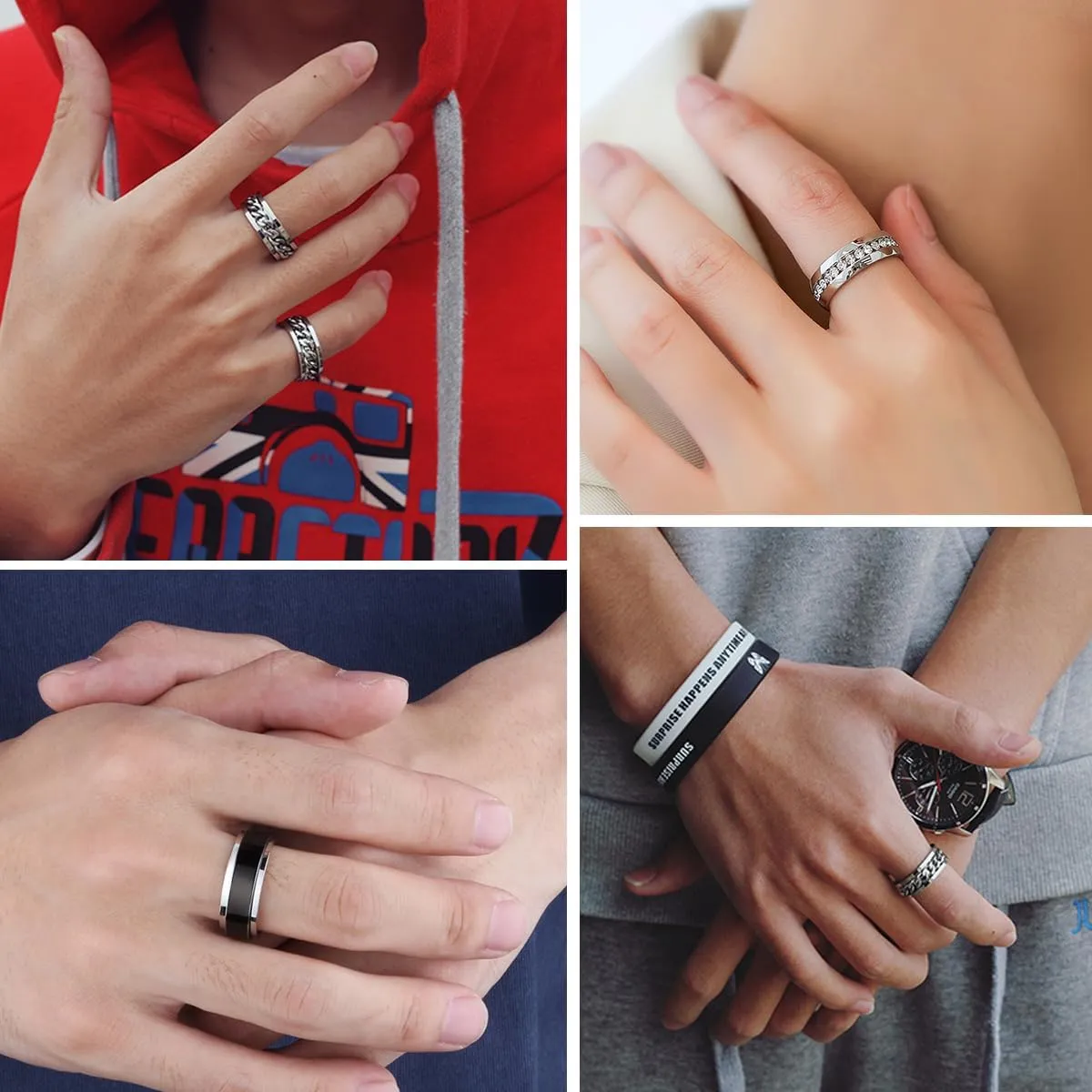 EIELO 9Pcs Stainless Steel Band Rings for Men Women Cool Fidget Spinning Chain Ring Anxiety Relief Fashion Simple Wedding Engagement Black Ring Set