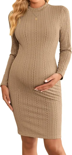 Ekouaer Maternity Dress Mock Turtleneck Pregnancy Dress Rib Knit Stretchy Bodycon Baby Shower Dress