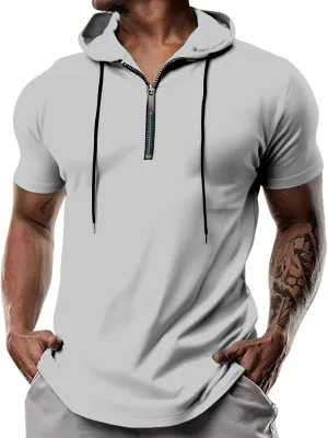 evzosrz Hoodies Mens Quarter Zipper Short Sleeve Hooded T-Shirts Drawstring Lightweight V Neck Pullover Summer Athletic Shirt