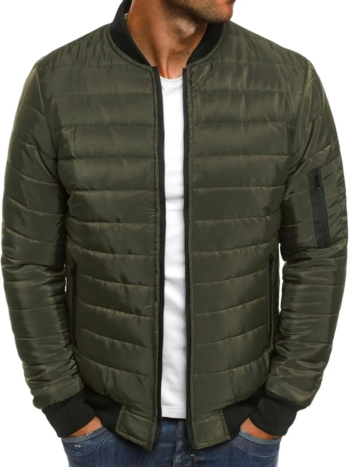 evzosrz Men's Puffer Jackets Quilted Stand Collar Lightweight Warm Baseball Collar Zipper Fall Winter Thicken Packable Coats