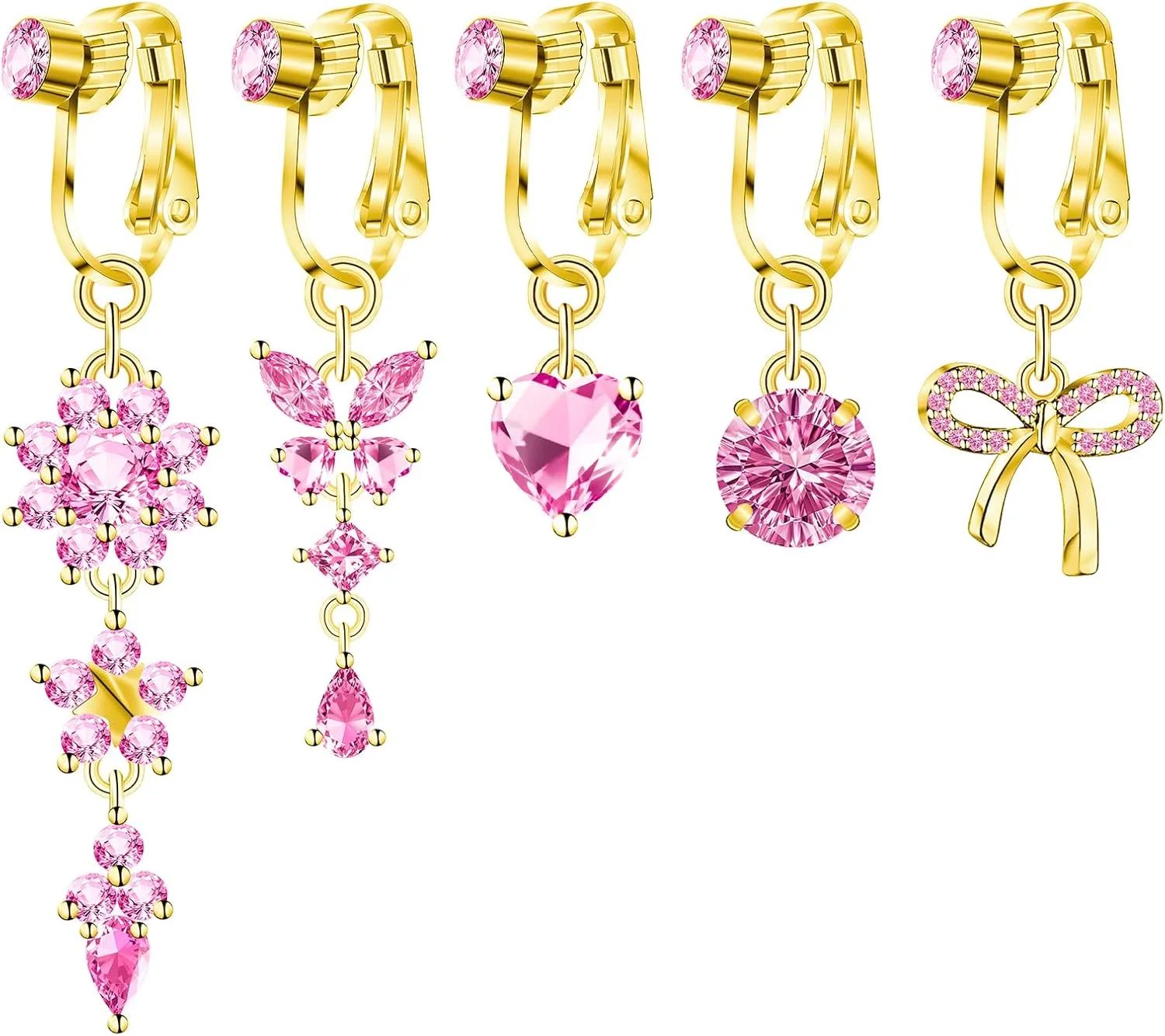 Fake Belly Button Piercing for Women Clip on Belly Button Rings Gold Plated Pink Round Heart Cubic Zirconia Butterfly Flower Bow Fake Belly Piercing Fake Belly Ring