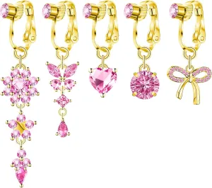 Fake Belly Button Piercing for Women Clip on Belly Button Rings Gold Plated Pink Round Heart Cubic Zirconia Butterfly Flower Bow Fake Belly Piercing Fake Belly Ring