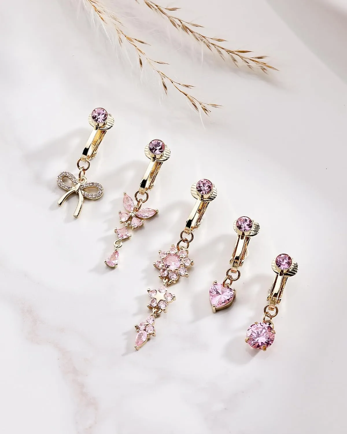 Fake Belly Button Piercing for Women Clip on Belly Button Rings Gold Plated Pink Round Heart Cubic Zirconia Butterfly Flower Bow Fake Belly Piercing Fake Belly Ring