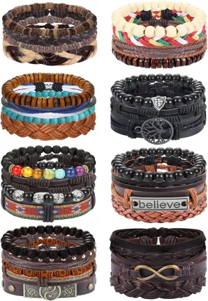 FASACCO 31Pcs Braided Leather Bracelets for Men Women Woven Hemp Cords Tribal Ethnic Rope Wristbands Bracelets Wood Beads Cuff Wrap Bracelet Adjustable Handmade Jewelry