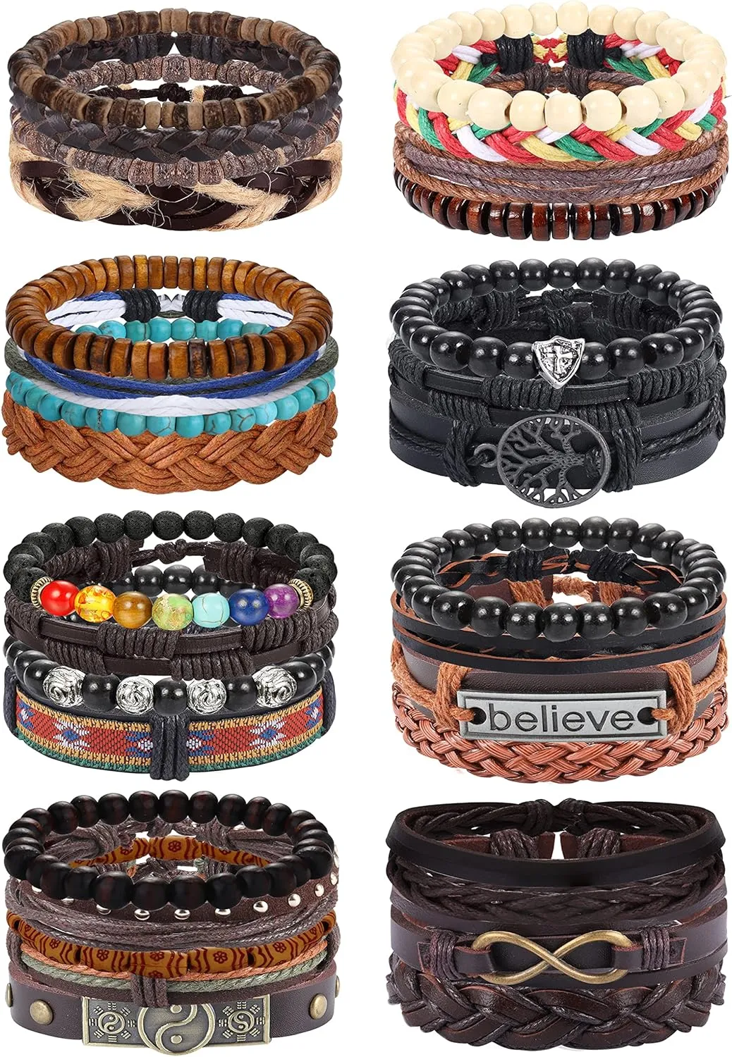 FASACCO 31Pcs Braided Leather Bracelets for Men Women Woven Hemp Cords Tribal Ethnic Rope Wristbands Bracelets Wood Beads Cuff Wrap Bracelet Adjustable Handmade Jewelry