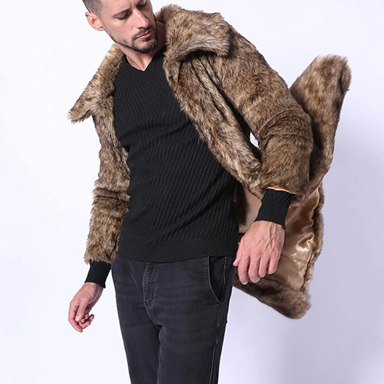 Faux Fur Coat Men Long Fuzzy Fleece Jacket Furry Cardigan Warm Winter Coats Fur Collar Overcoat Thick Coats